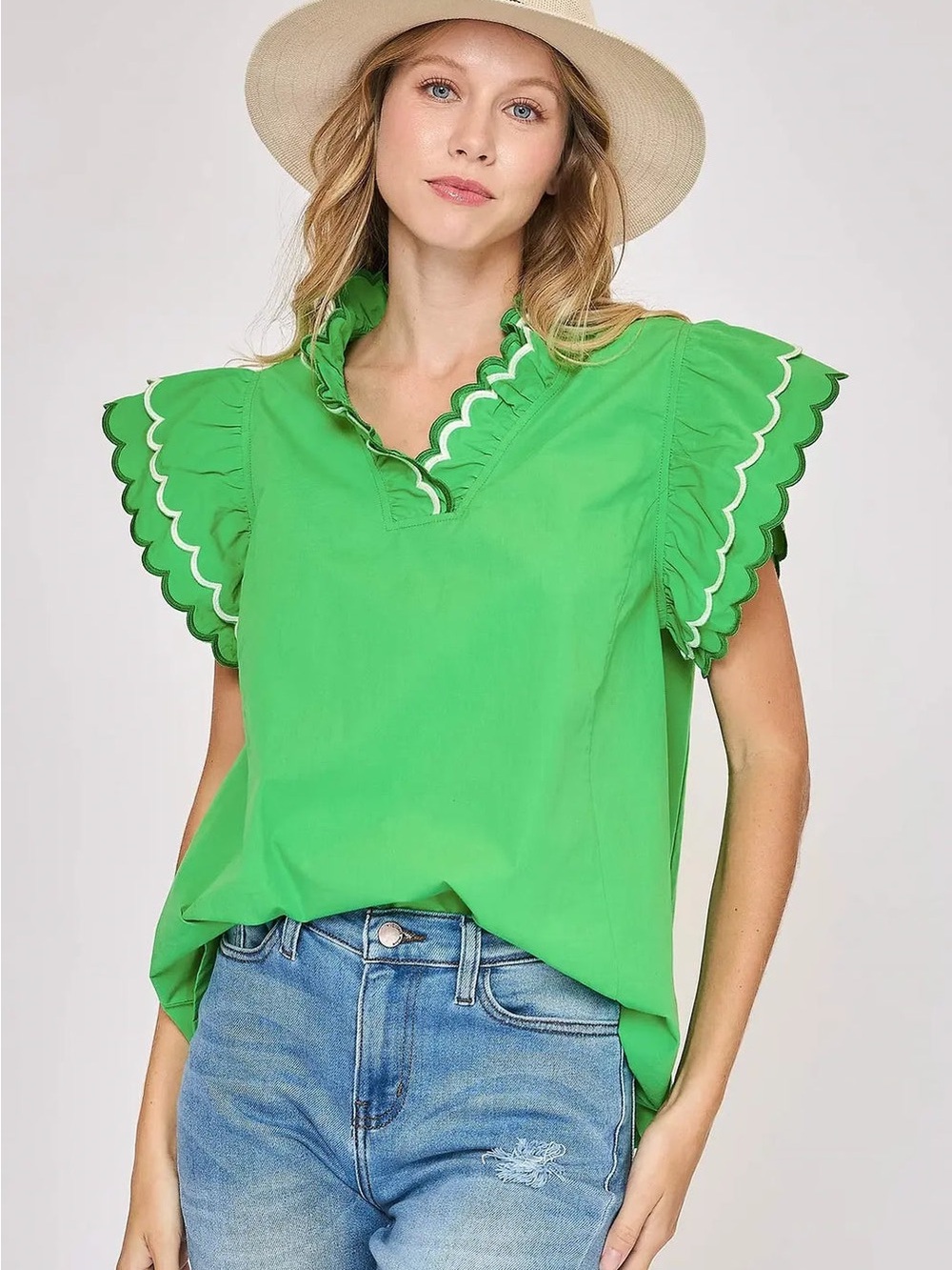 Umgee Bright Green Scallop Trim Flutter Sleeve Top